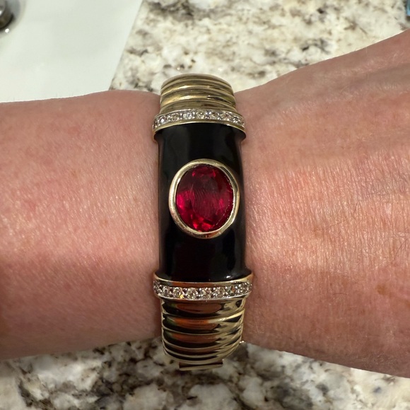 Panetta Jewelry - Vintage Panetta Gold‑Tone Bracelet with Red Cabochon & Crystal Accents